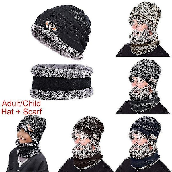 Grå Mænd Kvinder Varmt Beanie Hat + Blødt Halsklæde Sæt Vinter Tykkelse Hat Kasket Halsvarmer