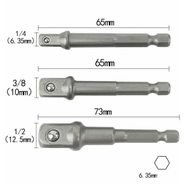 Hylshållare Adaptrar för Borr/Impulsmejsel. Set med 3 1/4\", 1/2\", 3/8\" Kvadratisk Hex Mandrel Adapter i Krom Vanadium (L