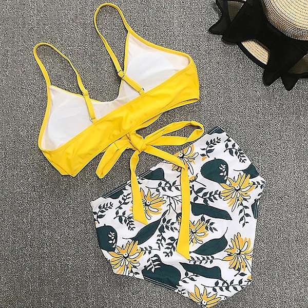 Kvinnors blommiga bikiniset med hög midja, baddräkt, sommar, sexig badkläder, strandkläder Yellow 2XL