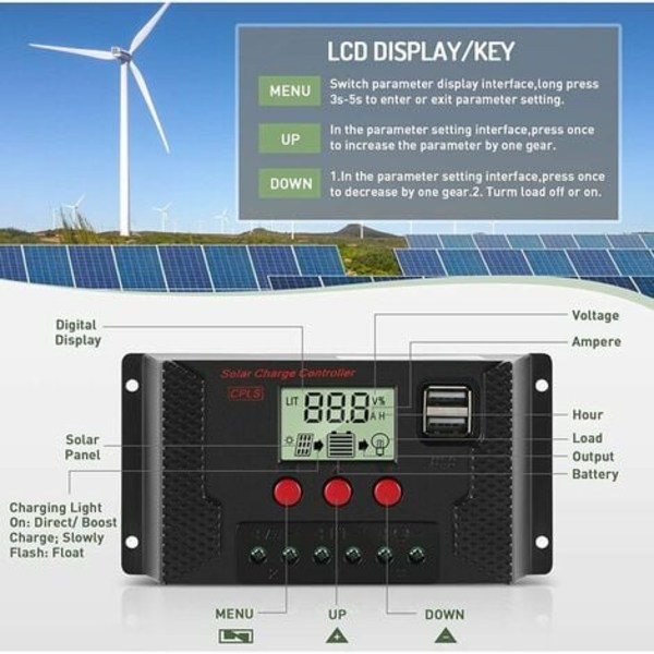 Laderegulator 30A solcellepanel laderegulator automatisk identifikation 12V/24V med LCD-display og 5V USB-port Bla