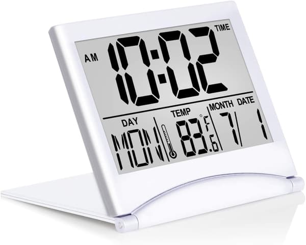 Digital Reseklocka - Vikbar Kalender Temperatur Timer LCD-Klocka med Snooze-läge - Stor Digital Display, Batteri