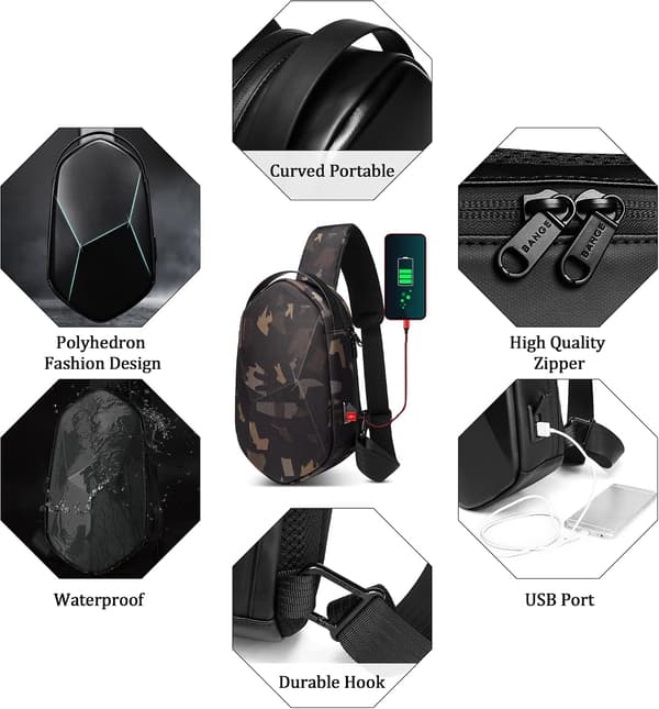 Polyester Kamouflage Sling Bag för Män med USB-Port Bröstväska