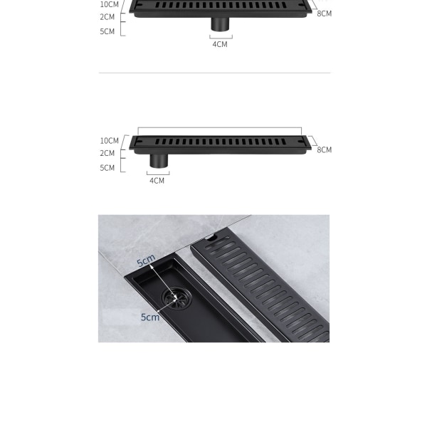 Sort rektangulært gulvafløb 304 rustfrit stål langt gulvafløb medium afløbshul (30cm langt),