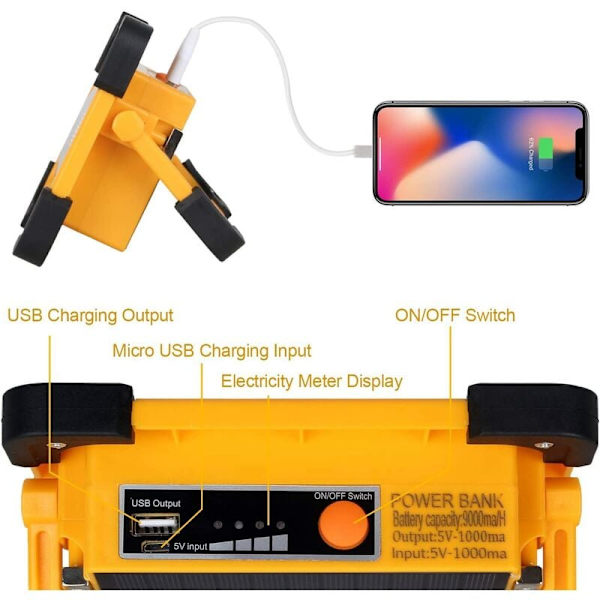 60W Gul USB+Strobe Solladdningsnödbelysning Campinglampa Nödstrobe LED Bärbar Campinglampa, för Utomhus, G