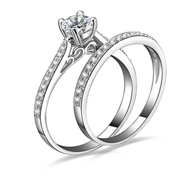 2 stk/sæt Ring skinnende cubic zirconia belagt sølv romantisk par fingerring til bryllup US 8
