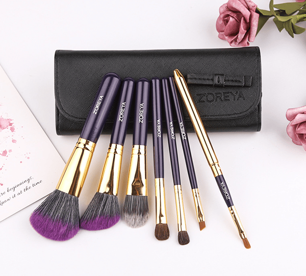 Sæt med 7 violette makeup-børster til begyndere,