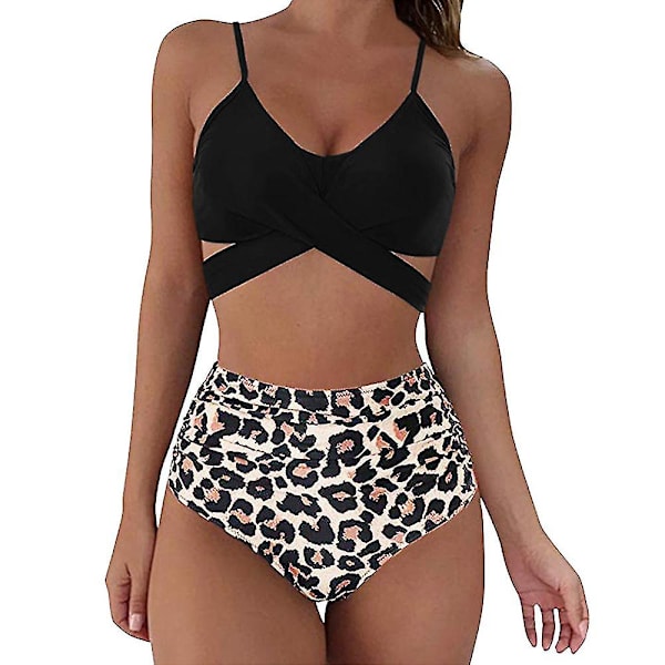 Kvinnors blommiga bikiniset med hög midja, baddräkt, sommar, sexig badkläder, strandkläder Black M
