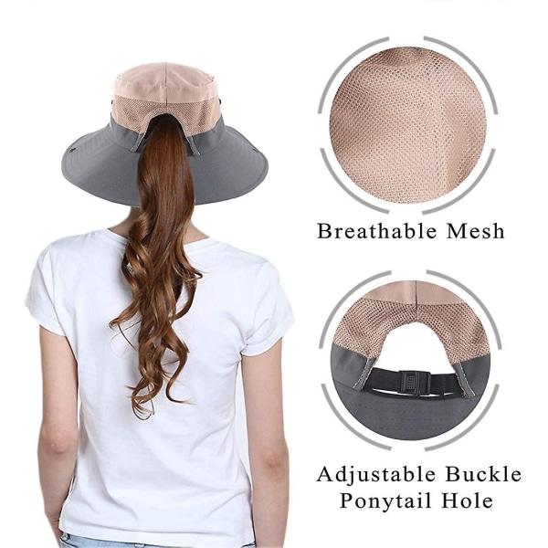 Sommerhatt for kvinner med bred brem, mesh, UV-beskyttelse og hull for hestehale