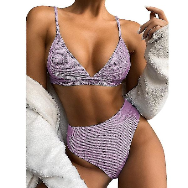 Dam Bikinisätt med Hög Midja Push Up, Baddräkt, Strandkläder Purple M