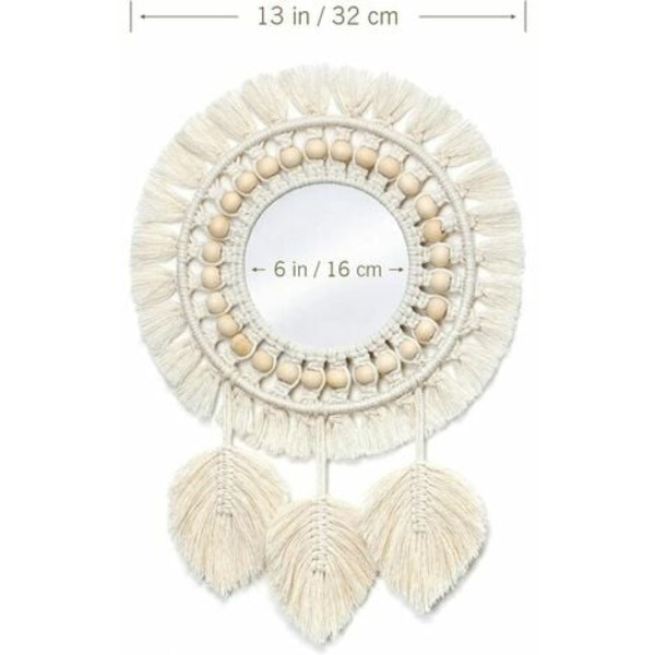 Vägg Spegel, Boho Makrame frans Spegel med Träpärla Fjäderhänge (Beige)
