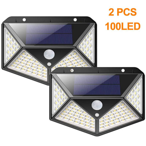 Svart 100 LED-solcellslampa med rörelsedetektor, 4-sidig belysning, 2-pack i låda, läderförpackning, för inomhusbruk