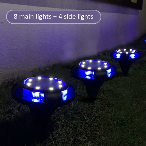 4 stk hvitt lys + blått sidelys Solar LED-lys Plenlys Hagebelysning Dekor, for utendørs, hage, gårdsplass