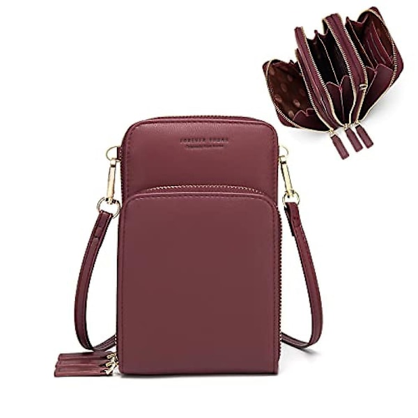 Liten Crossbody Mobiltelefonväska för Kvinnor, Mini Messenger Axelväska Plånbok med Kreditkortsfack A916-878 Wine Red