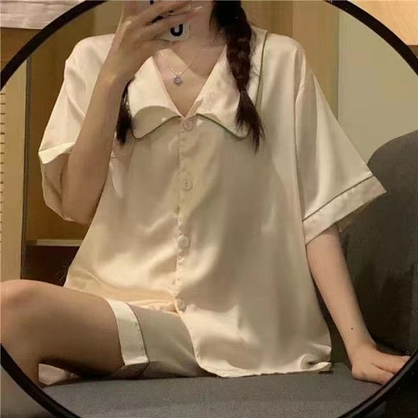 Pyjamas för kvinnor, vår & sommar, långärmad, is-silke, lyxig spets, imitationssilke, tunn hemmaklädset apricot M