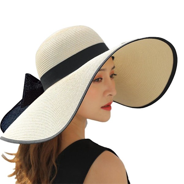 Damhatt med stor rosett i halm, bredbrättad, hopfällbar, strandhatt, solhatt, UV-skydd, sommarhatt Beige