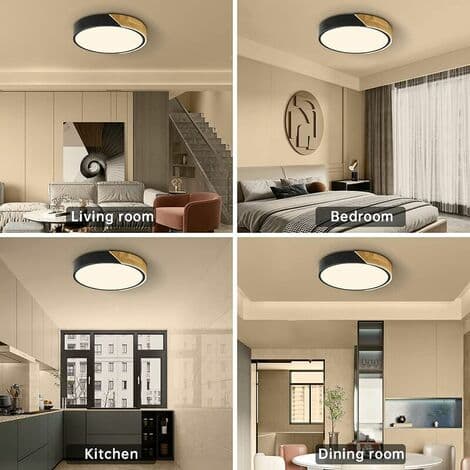 Sorte LED Loftlamper, Moderne Træloftlampe, 18W Rund Loftlampe til Soveværelse Køkken Stue