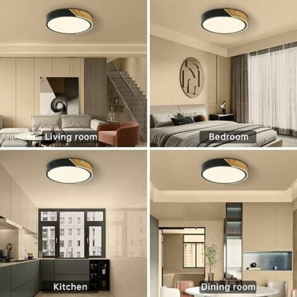 Svarta LED-taklampor, modern taklampa i trä, 18W rund infälld taklampa för sovrum Kök Living Ro