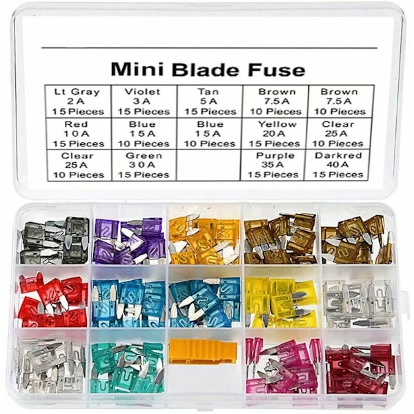 180 stk. Mini Sikringsæt Assorteret Bilsikringer 2A 3A 5A 7,5A 10A 15A 20A 25A 30A 35A 40A til Bil Lastbil med 1 Blad