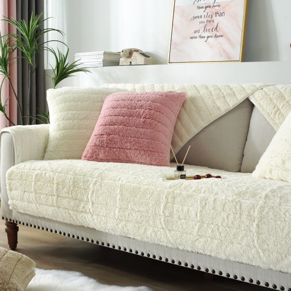 Modern enkel plysch soffa kudde, universell all-inclusive varm tjock soffa överdrag, tatami fönsterkarm kudde(Vit beige, 90*160)