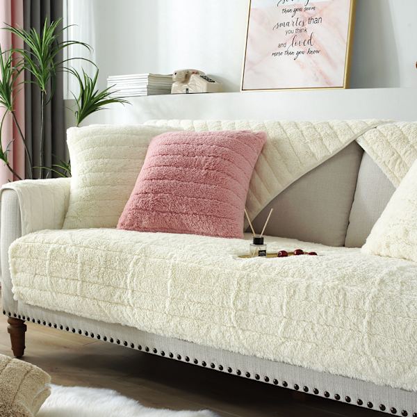 Modern enkel plysch soffkudde, universell all-inclusive varm tjock sofföverdrag, tatami fönsterkudde (Vit beige, 90*120)