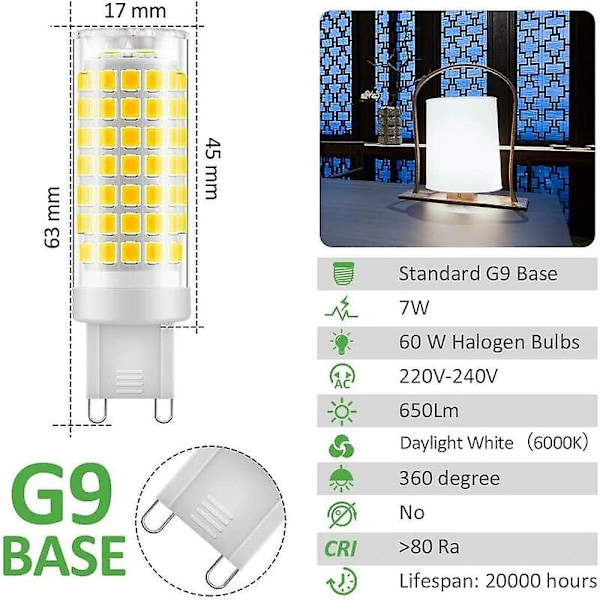 G9 LED Pære, Ingen Flimmer 7W LED Lamper Kold Hvid 6000K, 650lm, Energibesparende Ækvivalent 60W Halogenlys, 360 Grads Vinkel, AC220-240V - 6 Pak