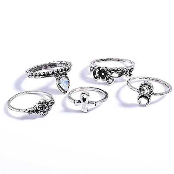 10 kpl/setti Retro Boho Elefantti Kukka Kuu Yläpuolella Nivelten Midi Sormus Korut Silver