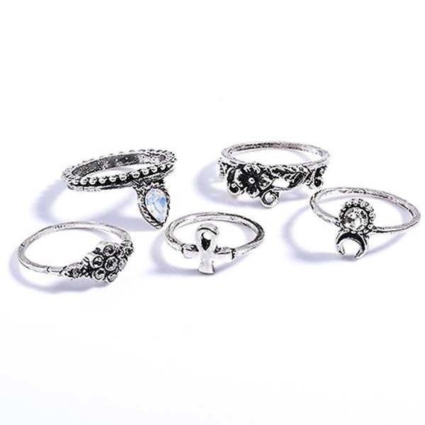 10 st/set Retro Boho Elefant Blomma Måne Ovan Knog Ringar Smycken Silver