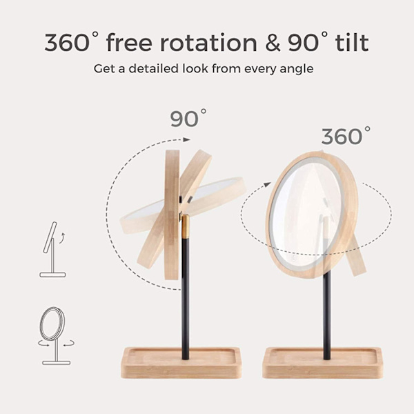 Ljus LED-smink spegel fåfänga spegel med 3 färgljus, sladdlös USB uppladdningsbart batteri, 360 rotation, bambu trä skönhetsförvaringsbricka, Ta