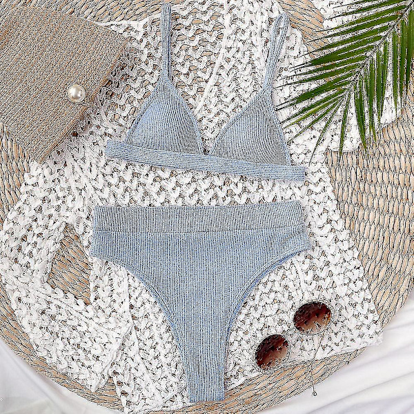 Dam Bikinisätt med Hög Midja Push Up, Baddräkt, Strandkläder Blue S