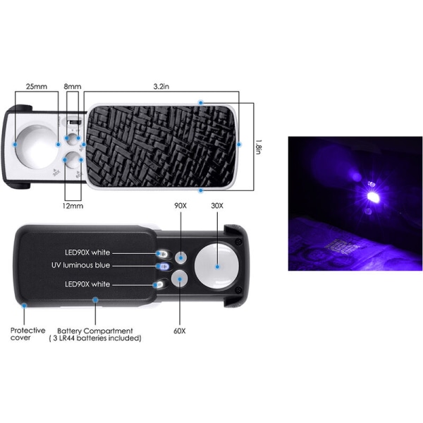 Käsikäyttöinen suurennuslasi LED-valolla, 30X 60X 90X Pieni seisova suurennuslasi korujen, kivien, postimerkkien tarkasteluun