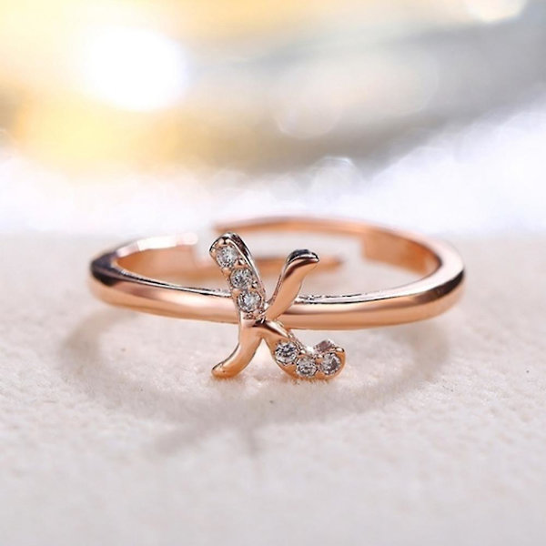 Muodin naiset yksinkertainen A-Z englanninkielinen aakkosten kirjain strassinen avoin sormus koru Rose Gold G