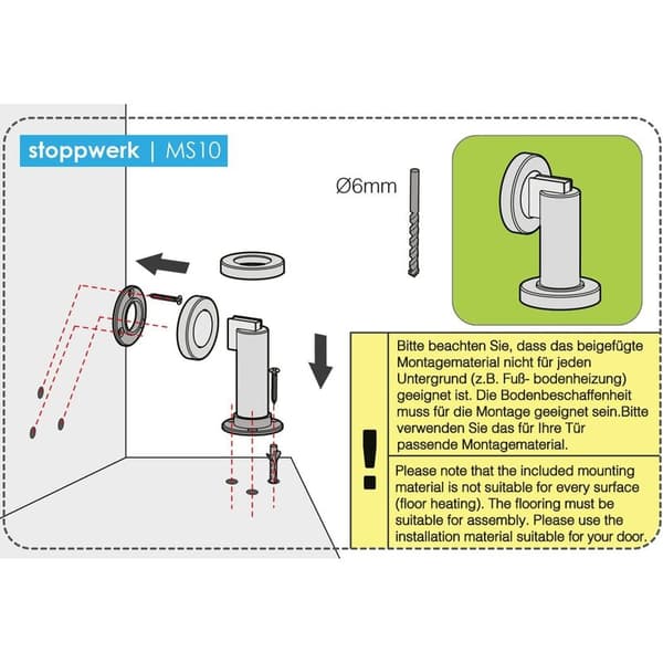 Magnetisk dørstopper MS010 i rustfrit stål-look Dørstopper Materiale til gulv- og vægmontering, ø: 5 cm, h: 8,4 cm