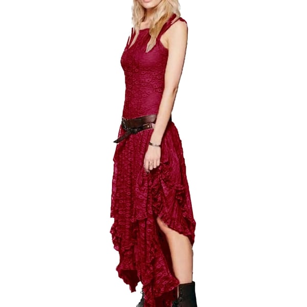 Uregelmessig høy og lav blondeskjørt sexy lang kjole Red XL