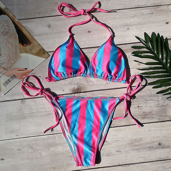 Naisten Seksikäs Bikini Thong Set, Pehmustetut Push Up Uimapuvut Kesä Ranta Uimapuvut Striped Blue Pink M