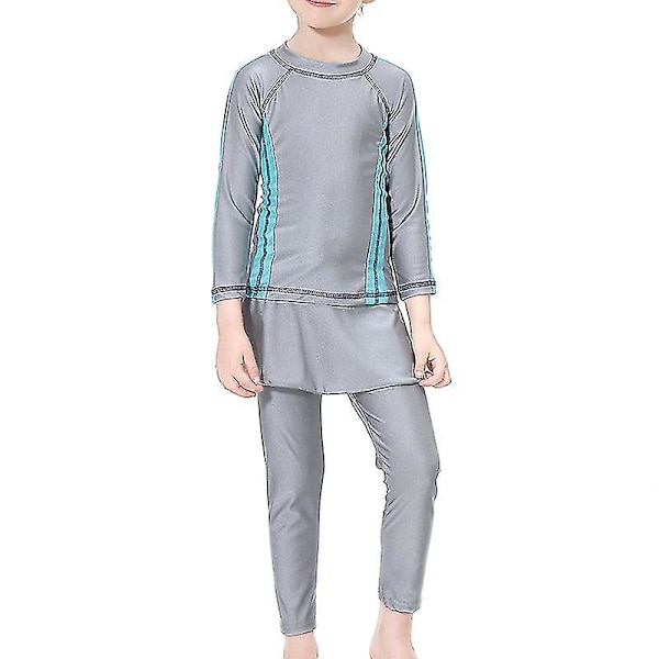 3-pack Burkini Badkläder för Flickor Muslimisk Islamisk Badmössa Strandkläder Grey 9-10 Years