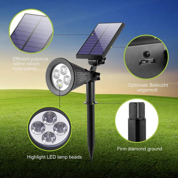 Folding Solcelle Hage Spotlight IP65 Vanntett LED Solcellelys for Utendørs Bruk (4 Kuler, Varmt Lys)