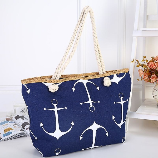 Strand Smil Lerret Tote Bag Dame Anker Halm Stor Strandveske Båtsport A916-125 Dark blue