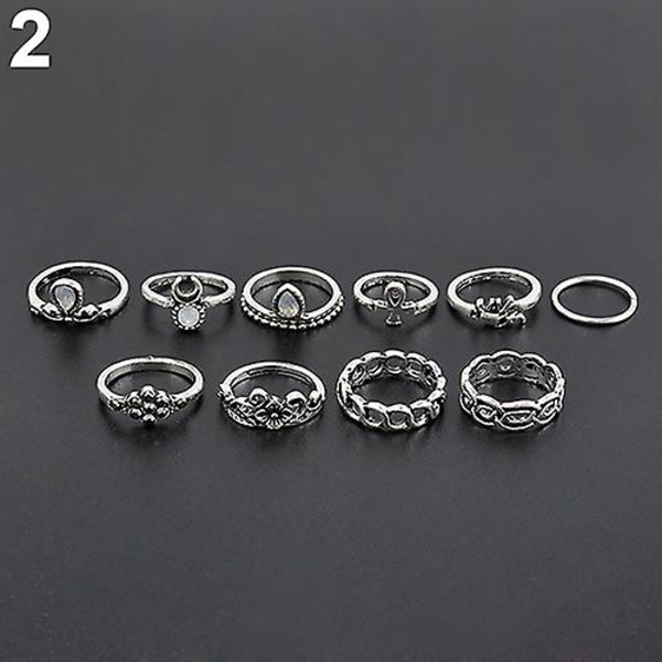 10 st/set Retro Boho Elefant Blomma Måne Ovan Knog Ringar Smycken Gold