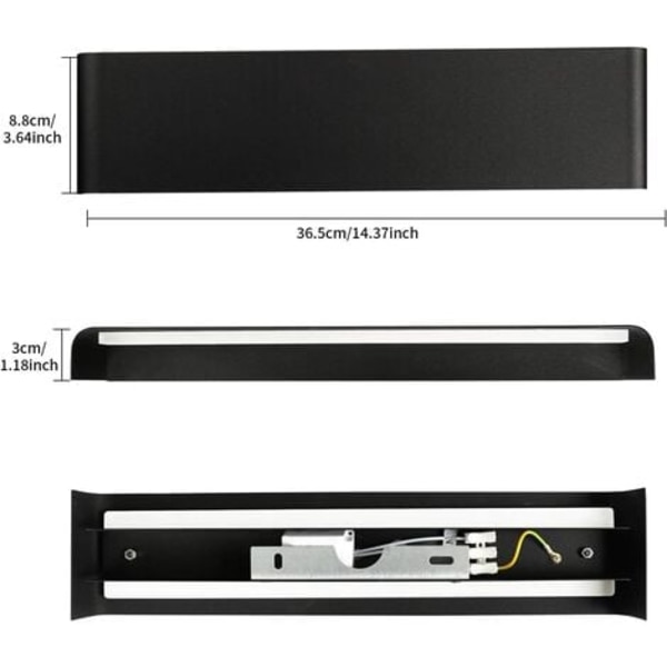 Vägglampa för inomhus, 36 cm, 2-pack, 12 W LED-vägglampa, 6000 K, ögonvänlig, enkel och modern för sovrum, vardagsrum, kök, D