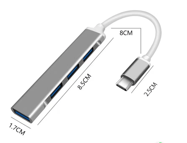 1 stk Sølv USB Hub, 4 i 1 Hub, USB Distributør, USB Flash