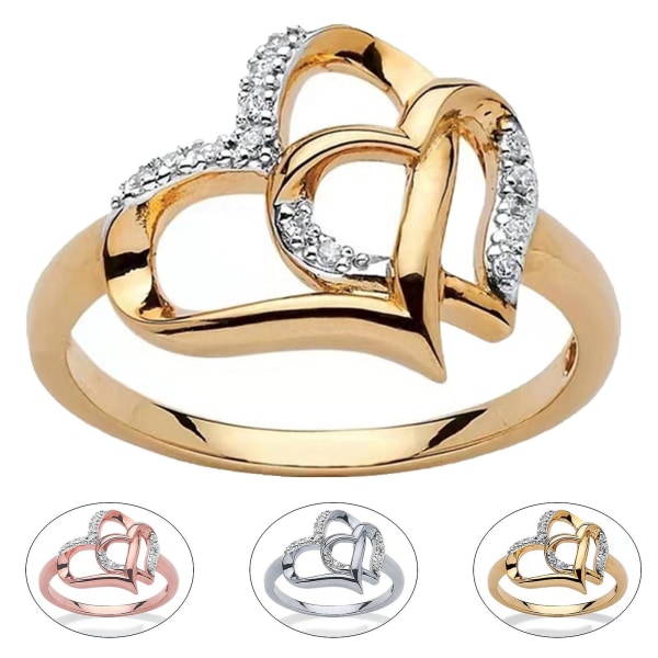 Elegant Skinande Förlovningsring Legering Ihålig Rhinestone Dubbel Hjärta Kvinnor Bröllopsband Smycken Tillbehör Golden US 8