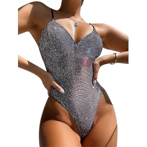 Glitterende Monokini Badedrakt for Kvinner med Push-Up Effekt, Endelt Badetøy Purple M