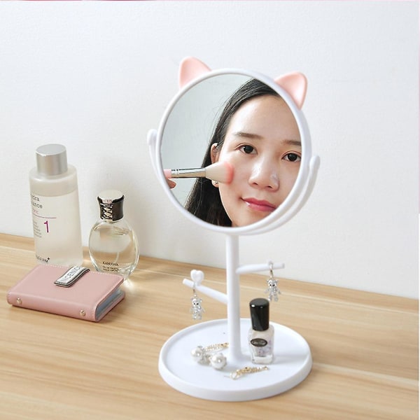 Cat Ear Rund Spejl Hd Desktop Roterende Makeup Spejl Toiletbord Creative Simple Beauty Princess White round base