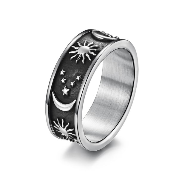 Unisex Ring Stjärna Måne Sol Dekoration Män Kvinnor Utsökt Rund Bohemisk Ring För Bröllop Black and Silver US 7