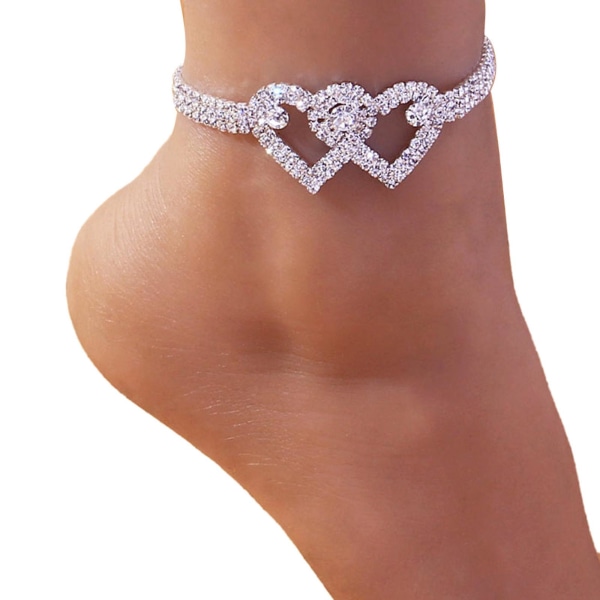 Full Diamond Double Heart Anklet Summer Beach Smycken Rhinestone Accessoarer Silver