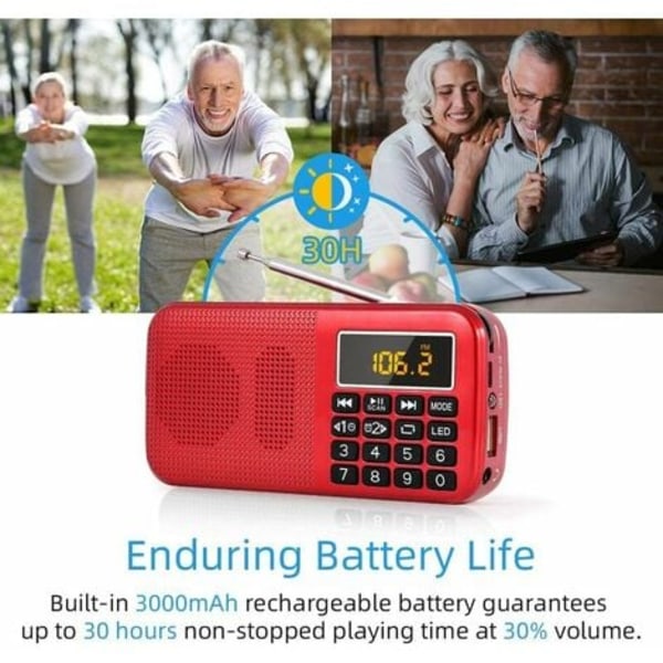 Bærbar radio, FM-radio med oppladbart batteri med stor kapasitet (3000mAh), MP3 / SD / USB / AUX-støtte, rød