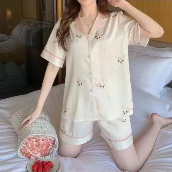 Pyjamas för kvinnor, vår & sommar, långärmad, is siden, lyxig spets, imitationssilke, tunn hemmaklädset pink M