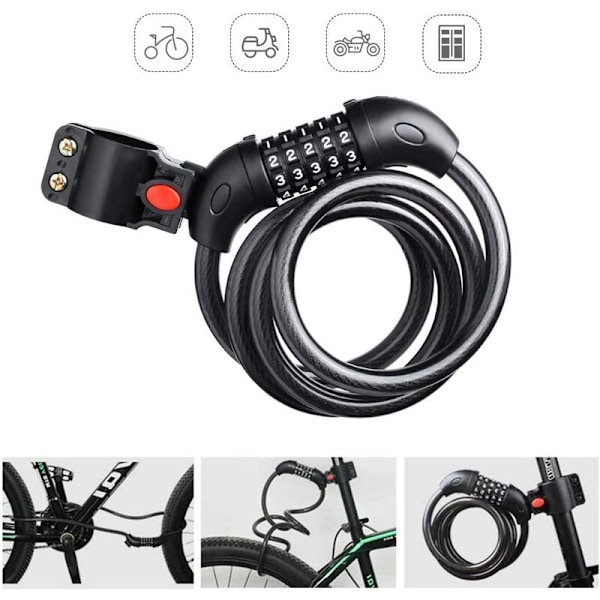 Cykellås Cykellås, 1800*12MM Kabellås til Cykel Scooter Motorcykler Cykel med 5-cifret Smart Kode, Cykellås Myre