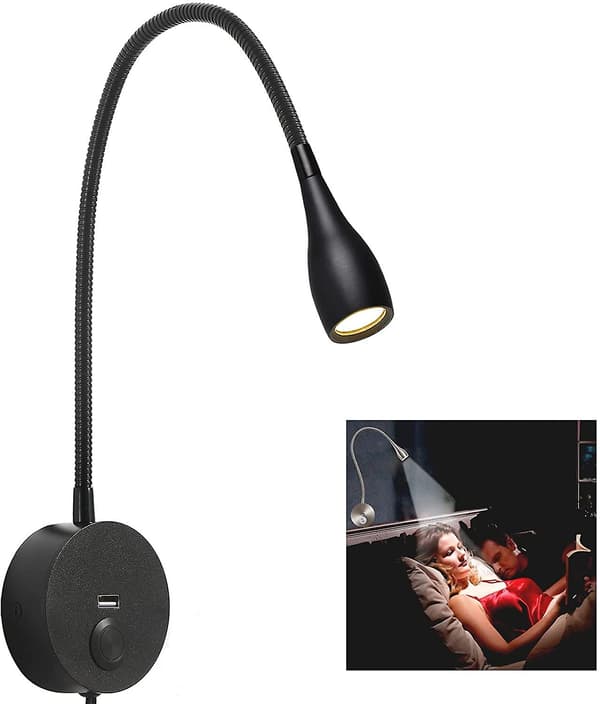 Dæmpbar Sengelampe, Minimalistisk LED Læselampe til Seng, Vægmonteret med USB-oplader (Mat Sort)