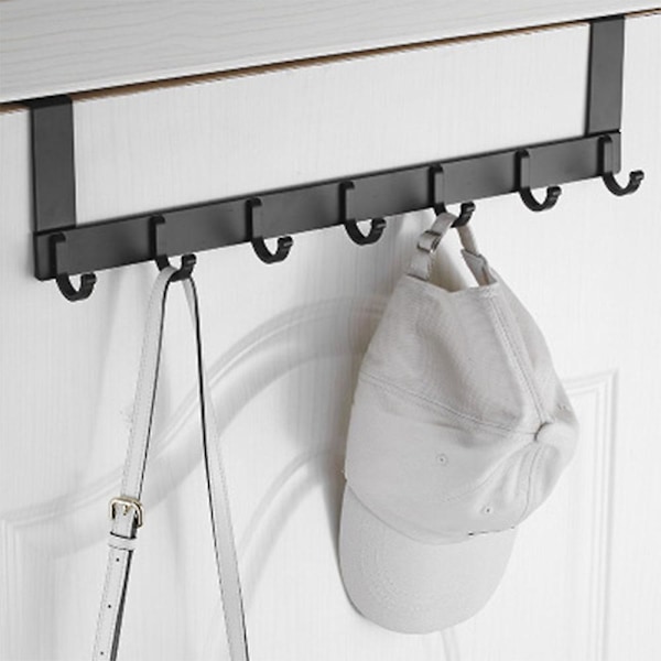 Over The Door Hængekrog, Punch Free Frakkekroge Heavy-duty Organizer Til Frakke, Hat, Håndklæde, Taske, Badekåbe, Paraply - 7 Kroge, Aluminium, Genbruges Black